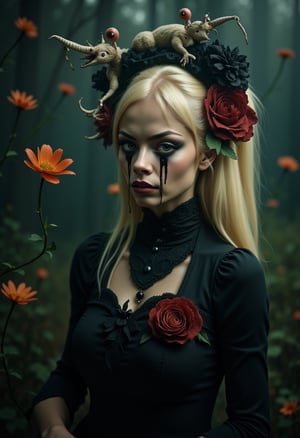 Enigmatic and beautiful woman in an Alice in Wonderland setting, crying obsidian black tears, deep emotional expression, surreal and whimsical atmosphere, Victorian dress, gothic elegance, ethereal glow, fantastical surroundings, hyperrealistic, dramatic chiaroscuro lighting, whimsical elements like oversized flowers and curious creatures, magical and dreamlike quality.,1girl,photographic images of a blonde woman