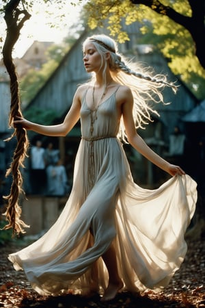 Woman, very long white hair, multiple braids, elf, (By Alice Pasquini, by Aliza Razell:0.8), low angle shot, Cinematic Hollywood Film style, a young woman, 18 yo, (sensual dance pose:1.3), (chiaroscuro),Velvia 200 color,shot on Ilford HP5 Plus,bokeh,sharp focus on subject,shot by David Lachapelle, natural light early at midday, (gossamer fabric dress:1.3), , Wearing a circlet of twigs and leaves, dynamic pose