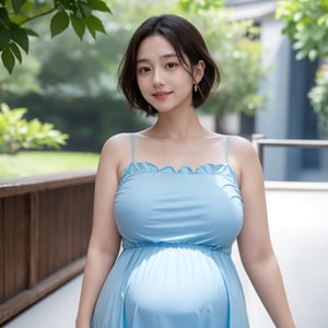 (Upper Body, Face Focus), 1 girl, Master piece, best quality, 8k, YUKO is 40 weeks pregnancy wife, chubby body type, smile, short hair, Huge breasts, Huge Hip, Blurry background, light blue loose summer dress