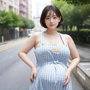 Upper Body, 1 girl, Master piece, best quality, 8k, YUKO is 40 weeks giant belly pregnancy wife, chubby body type, smile, short hair, Huge breasts, Huge Hip, Blurry background, check pattern maternity pinafore dress