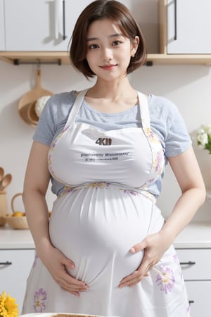 (Upper body), solo_female, Master piece, best quality, 8k, Her name is YUKO, (40 weeks pregnancy wife), smile, short hair, ((Giant_belly_pregnant, plump)), (huge_breast, huge_Hip), Blurry background, Kitchen, (Flower pattern white Loose Apron, T-shirt)