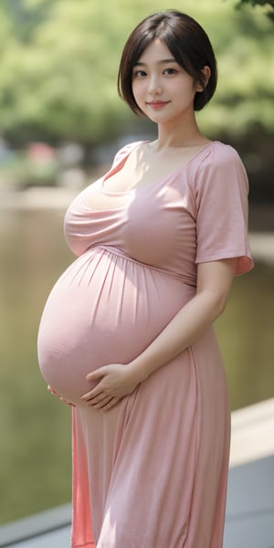 (Upper Body, Face focus), 1 girl, Master piece, best quality, 8k, (40 weeks pregnancy wife), ((Very Giant belly pregnant, plump)), very short hair, smile, beautiful and cute, (huge_breasts, Huge_Hip), Blurry background, (lJapanese colors Maternity loose Summer Dress)