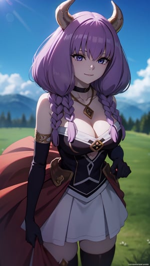 aura the guillotine, ,aura the guillotine, long hair, (purple eyes:1.1), purple hair, braid, horns, twin braids, smile,mini_skirt, thighhighs, gloves, choker, black gloves, elbow gloves, magical girl,BREAK outdoors, park, sun, sky, cloud,BREAK looking at viewer,BREAK .(masterpiece:1.2), best quality, high resolution, unity 8k wallpaper, (illustration:0.8), (beautiful detailed eyes:1.6), extremely detailed face, perfect lighting, extremely detailed CG, (perfect hands, perfect anatomy),betterhands.cleavage.(large breasts:1.2).(upper body )