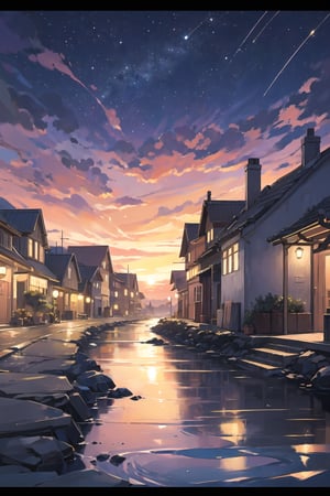 Intricate details, cinematic lighting, a small traditional village by the sea, the starry sky fading into night, winding paths, dreamlike atmosphere, colorful starry sky, peaceful atmosphere, country-like atmosphere and no one around, at night The starry sky, the clean and visible Milky Way, the dark red sunset, the sky with a slightly pinkish-purple sunset color, the thin stream running through the small town, the greenery on the bank of the stream is dim, the sky takes up 2/3 of the screen