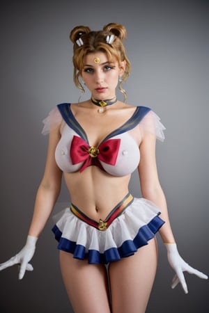 uniformsbodypaint,  sailormoon uniform, large_boobs, beautiful,
aausagi, double bun, twintails, parted bangs, hair ornament, circlet, jewelry, earrings, choker, see-through, red bow, white gloves, elbow gloves, multicolored skirt, 
Spread legs,