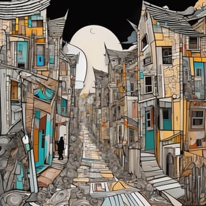 abstract street with houses and people, Neutral Color, boho, strange, weird, unusual surreal, Matte painting, ultra highly detailed woodcarving, luminism, paper art, stained glass , maximalist chaotic, pen and ink,  sharp focus, intricate details, geometric vector style smooth lines, style by Hergé and Jean-Michel Basquiat,Leonardo Style