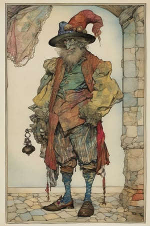 A monstrously  sad court fool body composed of a patchwork of mismatched fabrics and vibrant  colors, bells on hat and shoes, style by Arthur Rackham