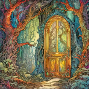 lovable dynamic anthropomorphic creatures emerging from hidden doors scattering fantasy forest, sentient watching trees, vibrant colors, fractal biologic detail, mysterious atmospheric lighting, layered alcohol ink wash with fine pen outline, style by Henry Justice Ford,,more detail XL