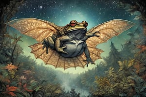 flying toad, white spread wings, background sky of vivid galaxy astrophotography viewed above dark forest, sci-fi timid creatures and colorful animals hiding from galactic terrors, ominous alien pursuit, dense muted earth color jungle vegetation,  , cinematic highly detailed, movie concept art, style by arthur Rackham