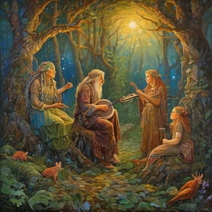 beautiful face mythical scene) with tuatha dé danann, Buganda and his wives, breathtaking scene of discovery,  lovely fae children.  fae folk.  fae Hygge, sprites play, highly detailed, beautiful atmospheric lighting, acrylic palette knife, in the style of Josef Mánes, Václav Brožík,