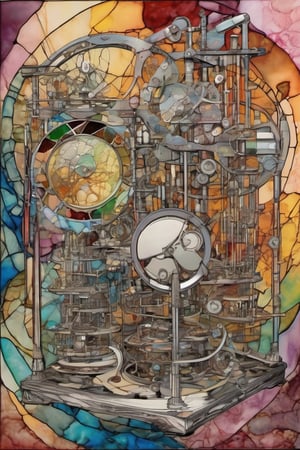 layered alcohol ink and pen outline, a vast chamber filled with spinning glass disks and cams and sparking tubes. A vivid Frankenstein contraption of analog, neurographic art, small spaces between the lines painted over muted triadic colors, a long curved line that intersects itself many times, a crack in a stone or lightning bolt,