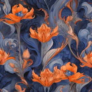 Abstract Surrealism floral pattern, dark beautiful indigo and deep-orange pastel colors, intricate detailed, sharp focus,  trending on artstation,  studio photo, inspiration by dali and japanese paintings