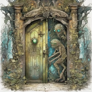 magical fantasy forest,, CGI germ monster characters Scary but charming gremlin creatures sneaking through  hidden ornate antique doors,  clear vibrant colors, fractal biologic detail, mysterious atmospheric lighting, layered alcohol ink wash with fine pen outline, style by Arthur Rackham and Leonora Carrington