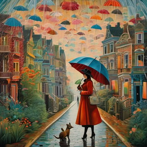 An elegant woman in a hat with an umbrella and a handbag, colored rain and a strange city with skewed colored houses and strange animals and creatures roaming the city street , surreal intricate details, sharp focus, intricate details, highly detailed, flat lighting, Gouache on smoothe board,  style by Henri Rousseau