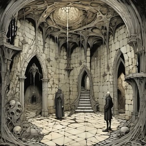 otherworldly creatires interacting  inside gloomy dungeon room of gothic mansion, reflective stagnant puddles, dripping stonework,  ornate detail, non-Euclidean geometry, charioscuro,  style by Arthur Rackham, Edward Gorey, Escher
,more detail XL