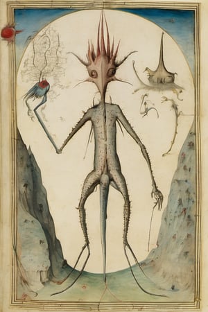 a tall creature from another dream on another planet, in Voynich Manuscript by Hieronymus Bosch