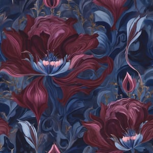 Abstract Surrealism floral pattern, dark beautiful indigo claret navy-blue analogous colors, intricate detailed, sharp focus,  trending on artstation,  studio photo, inspiration by dali and japanese paintings,abstract paintings