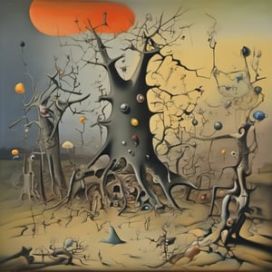 taking shelter in tree of thorns upon a winsome plain, traversing the threshold of a dream where biomorphic shapes morph into an impossible Landscape bathed in an unsettling yet strangely alluring light, detailed, complex, flat Gouache Paints, style by Yves Tanguy and Francis Picabia