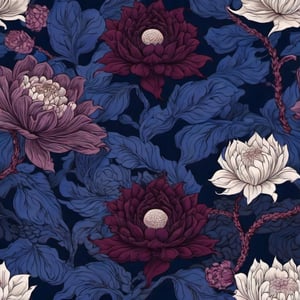 Surrealism floral pattern, dark beautiful indigo claret navy-blue analogous colors, intricate detailed, sharp focus,  trending on artstation,  studio photo, inspiration by dali and japanese paintings