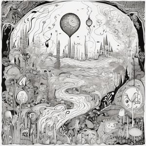 black and white continuous line drawing ,  Whimsical Dream surreal landscape, lucid dreaming. dream-like elements, detailed  harmonious composition. imaginative world with intricate patterns  whimsical details, black technical pen on white smooth illustration board