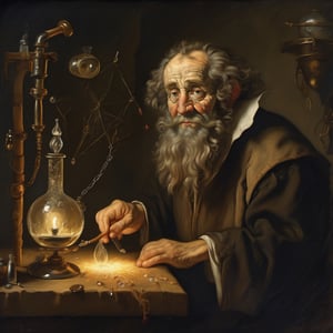 oil painting of ancient alchemist , wrinkled, mottled beard, eyes squinting, illuminated by sparking alchemy apparatus,  intricate details, style by David Teniers the Younger and Rembrandt,alchemy