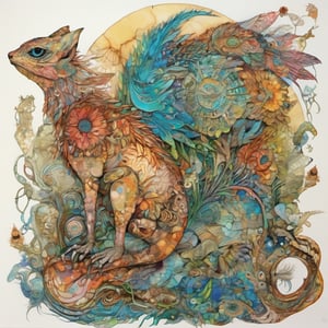 layered alcohol ink with pen outline, surrealist fantasy creature composed of a mix of animal attributes, dwelling in a fusion of reality and surrealism, amidst the wonders of nature, harmonious vivid color clarity, detailed, smooth illustration board, style by Maruja Mallo and William Timlin