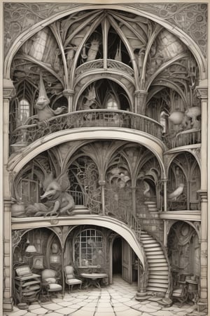 inside tower room lovable dynamic anthropomorphic creatures interacting  zentangle mansion, gothic architecture, ornate detail, non-Euclidean geometry, magical surprise, style by Arthur Rackham, Edward Gorey, Escher
,more detail XL