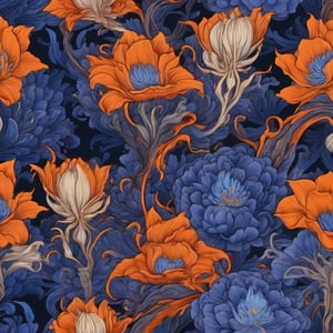 Surrealism floral pattern, dark beautiful indigo and deep-orange pastel colors, intricate detailed, sharp focus,  trending on artstation,  studio photo, inspiration by dali and japanese paintings