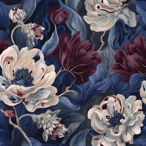 Abstract Surrealism floral pattern, dark beautiful indigo claret navy-blue analogous colors, intricate detailed, sharp focus,  trending on artstation,  studio photo, inspiration by dali and japanese paintings,abstract paintings