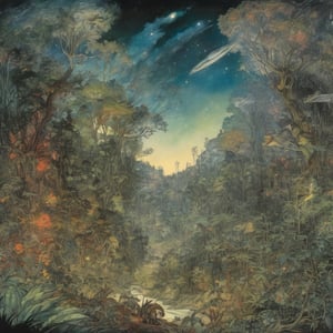 Arthur Rackham, background sky of vivid galaxy astrophotography viewed above dark forest, sci-fi timid creatures and colorful animals hiding from galactic terrors, ominous alien pursuit, dense muted earth color jungle vegetation,  , cinematic highly detailed, movie concept art, style by Arthur Rackham and Henri  Rousseau