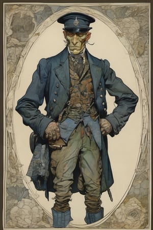 A monstrously  handsome somber Victorian policeman his body composed of a patchwork of mismatched fabrics and somber colors, style by Arthur Rackham