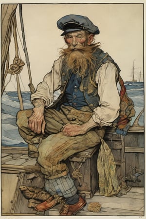 A monstrously  handsome jolly deck hand sailor his body composed of a patchwork of mismatched fabrics and bold colors, style by Arthur Rackham