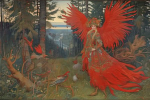 weird bewildering beautiful russian fairy tale, glorious Firebird, flowing crimson-red plumage, painting of folklore subjects, thieves heroes kings peasants beautiful-damsels terrifying-witches enchanted-children crafty-animals, epic cinematic light, bold oil-paint brush strokes, style by Viktor Vasnetsov and Ivan Bilibin