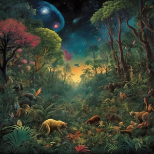 background sky of vivid galaxy astrophotography viewed above dark forest, sci-fi timid creatures and colorful animals hiding from galactic terrors, ominous alien pursuit, dense muted earth color jungle vegetation,  , cinematic highly detailed, movie concept art, style by Henri  Rousseau and Arthur Rackham