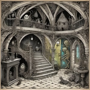 zentangle mansion gothic architecture with CGI germ monster character, Scary but charming gremlin creature emerging from hidden door, mysterious atmospheric lighting, layered alcohol ink wash with fine pen outline, non-Euclidean geometry, magical surprise, style by Arthur Rackham, Edward Gorey, escher