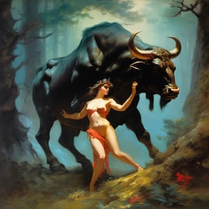 oil painting on canvas, Mythical Ariadne riding Minotaur bull, background mystical magical forest, she fills the frame completely,  sharp details, vibrant hues, mystical aura, captivating storytelling, epic masterpiece, breathtaking beauty, , style by Frank Frazetta, Francisco Goya, Anne-Louis Girodet,