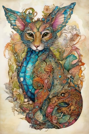 layered alcohol ink with pen outline, surrealist fantasy creature composed of a mix of animal attributes, dwelling in a fusion of reality and surrealism, amidst the wonders of nature, harmonious vivid color clarity, detailed, smooth illustration board, style by Maruja Mallo and William Timlin