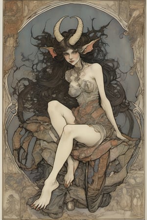 A grotesquely beautiful sleepy succubus  its body composed of a patchwork of mismatched fabrics and muted colors, style by Arthur Rackham