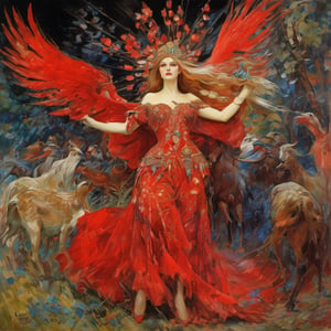 weird bewildering beautiful russian fairy tale, aluring  Firebird, flowing revealing crimson-red gown, painting of folklore subjects, thieves heroes kings peasants beautiful-damsels terrifying-witches enchanted-children crafty-animals, epic cinematic light, bold oil-paint brush strokes, style by Mikhail Vrubel and Viktor Vasnetsov