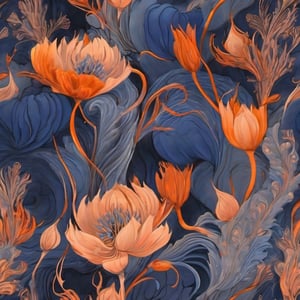 Abstract Surrealism floral pattern, dark beautiful indigo and deep-orange pastel colors, intricate detailed, sharp focus,  trending on artstation,  studio photo, inspiration by dali and japanese paintings