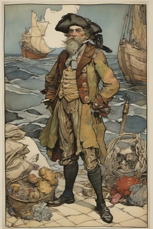 A monstrously  handsome jolly sailor his body composed of a patchwork of mismatched fabrics and bold colors, style by Arthur Rackham