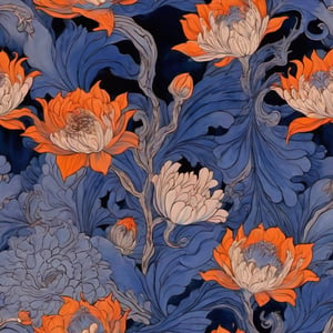 Surrealism floral pattern, dark beautiful indigo and deep-orange pastel colors, intricate detailed, sharp focus,  trending on artstation,  studio photo, inspiration by dali and japanese paintings