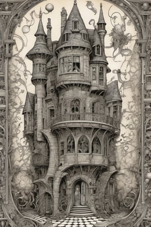 lovable dynamic anthropomorphic creatures interacting inside tower room zentangle mansion, gothic architecture, ornate detail, non-Euclidean geometry, magical surprise, style by Arthur Rackham, Edward Gorey, Escher
,more detail XL