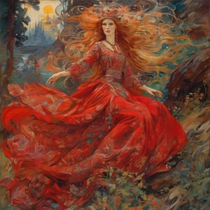 weird bewildering beautiful russian fairy tale, aluring  Firebird, flowing transparent crimson-red gown, painting of folklore subjects, thieves heroes kings peasants beautiful-damsels terrifying-witches enchanted-children crafty-animals, epic cinematic light, bold oil-paint brush strokes, style by Mikhail Vrubel and Viktor Vasnetsov