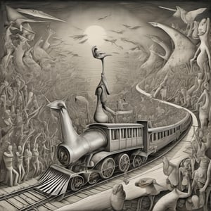 orchestra maestro conducting a train , once they disappear it’s a beautiful day, surreal, absurd grotesque story, featuring Unique characters interacting in a surreal dream, imbued with magical realism and whimsical flair, masterpiece, highly detailed, style by Leonora Carrington and Max Ernst