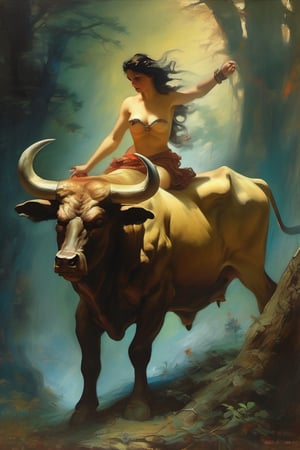 oil painting on canvas, Mythical Ariadne riding Minotaur bull, background mystical magical forest, she fills the frame completely,  sharp details, vibrant hues, mystical aura, captivating storytelling, epic masterpiece, breathtaking beauty, , style by Frank Frazetta, Francisco Goya, Anne-Louis Girodet,