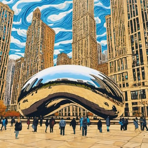 Chicago Millenium Park Bean, in the style of Van Gogh