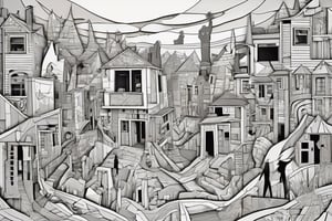 abstract street with houses and people, Neutral Color, boho, strange, weird, unusual surreal, Matte painting, ultra highly detailed woodcarving, luminism, paper art, stained glass , maximalist chaotic, pen and ink,  sharp focus, intricate details, geometric vector style smooth lines, style by Hergé and Jean-Michel Basquiat