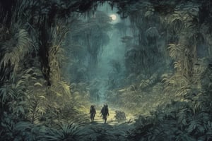 hiding in the dark forest, sci-fi timid creatures avoiding galactic terrors, camouflaged , ominous alien pursuit, dense jungle vegetation, backdrop of stellar wonder, cinematic highly detailed, movie concept art, style by Arthur Rackham