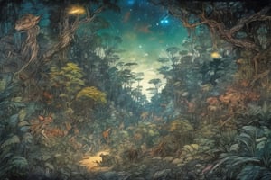Arthur Rackham, background sky of vivid galaxy astrophotography viewed above dark forest, sci-fi timid creatures and colorful animals hiding from galactic terrors, ominous alien pursuit, dense muted earth color jungle vegetation,  , cinematic highly detailed, movie concept art, 